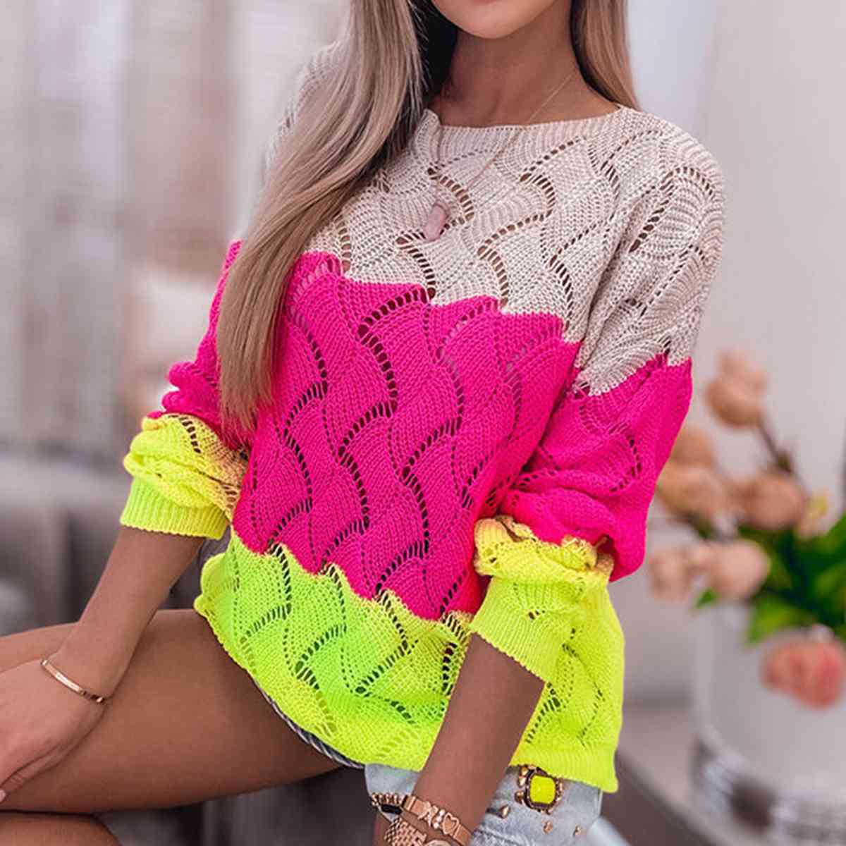 Darling Openwork Color Block Sweater