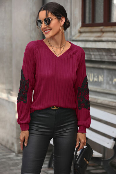 Cabernet Ribbed Lace Detail V-Neck Sweater