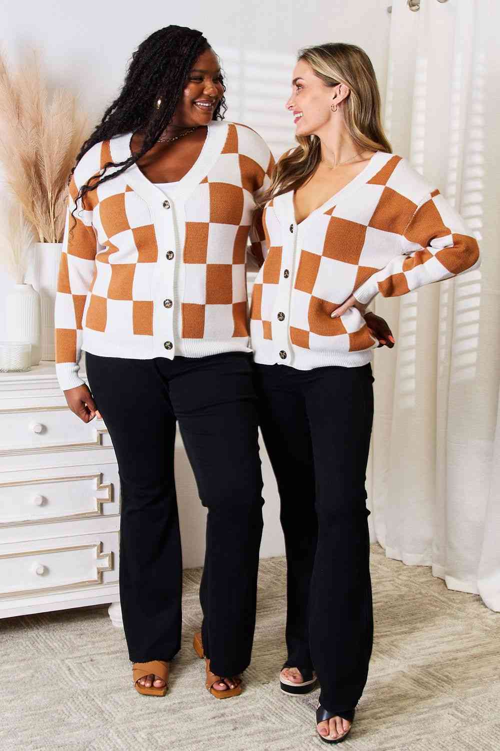 Checkered Button-Up V-Neck Cardigan