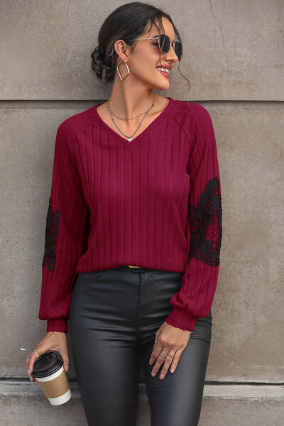 Cabernet Ribbed Lace Detail V-Neck Sweater