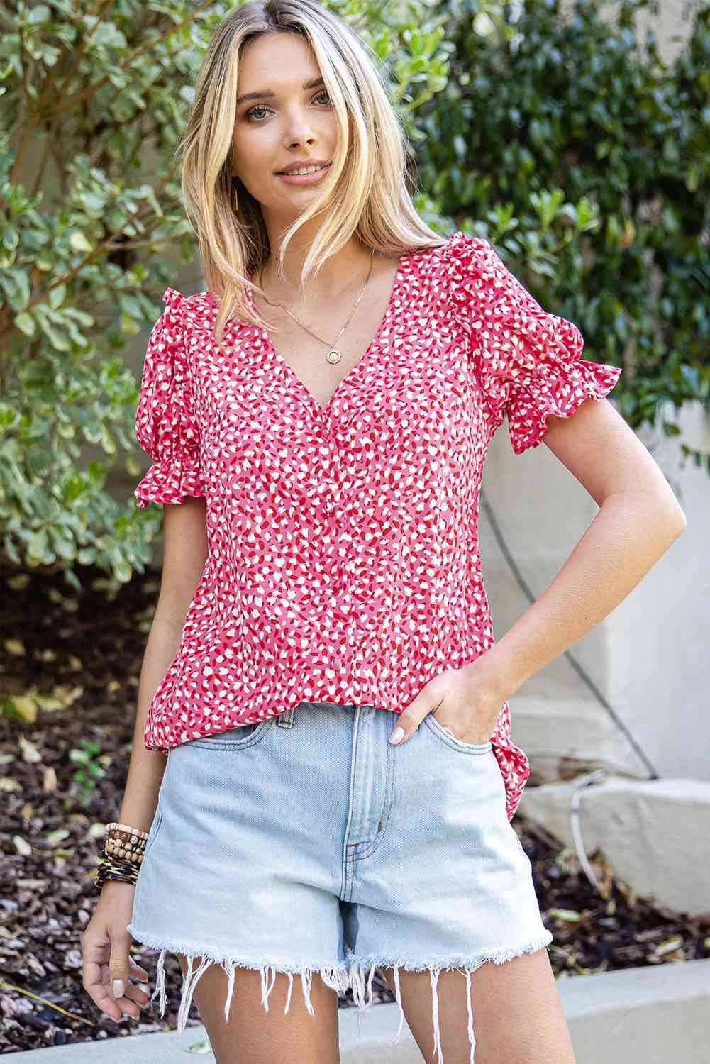 Ashley Flounce Sleeve Plunge Blouse