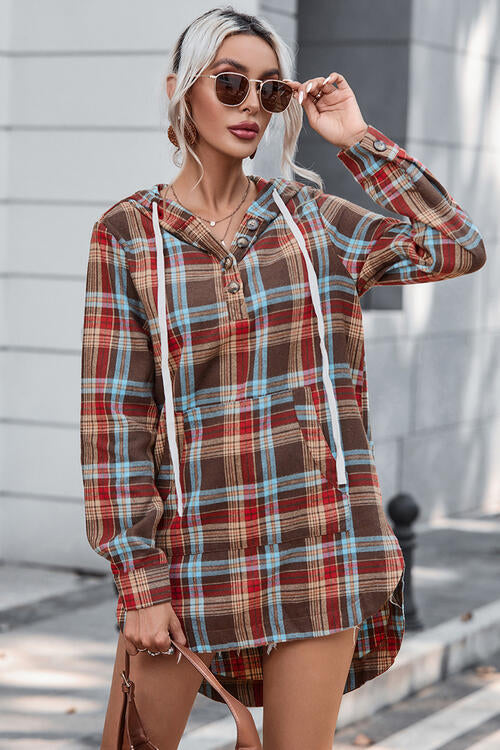 Reagan Plaid Drawstring Hooded Dress