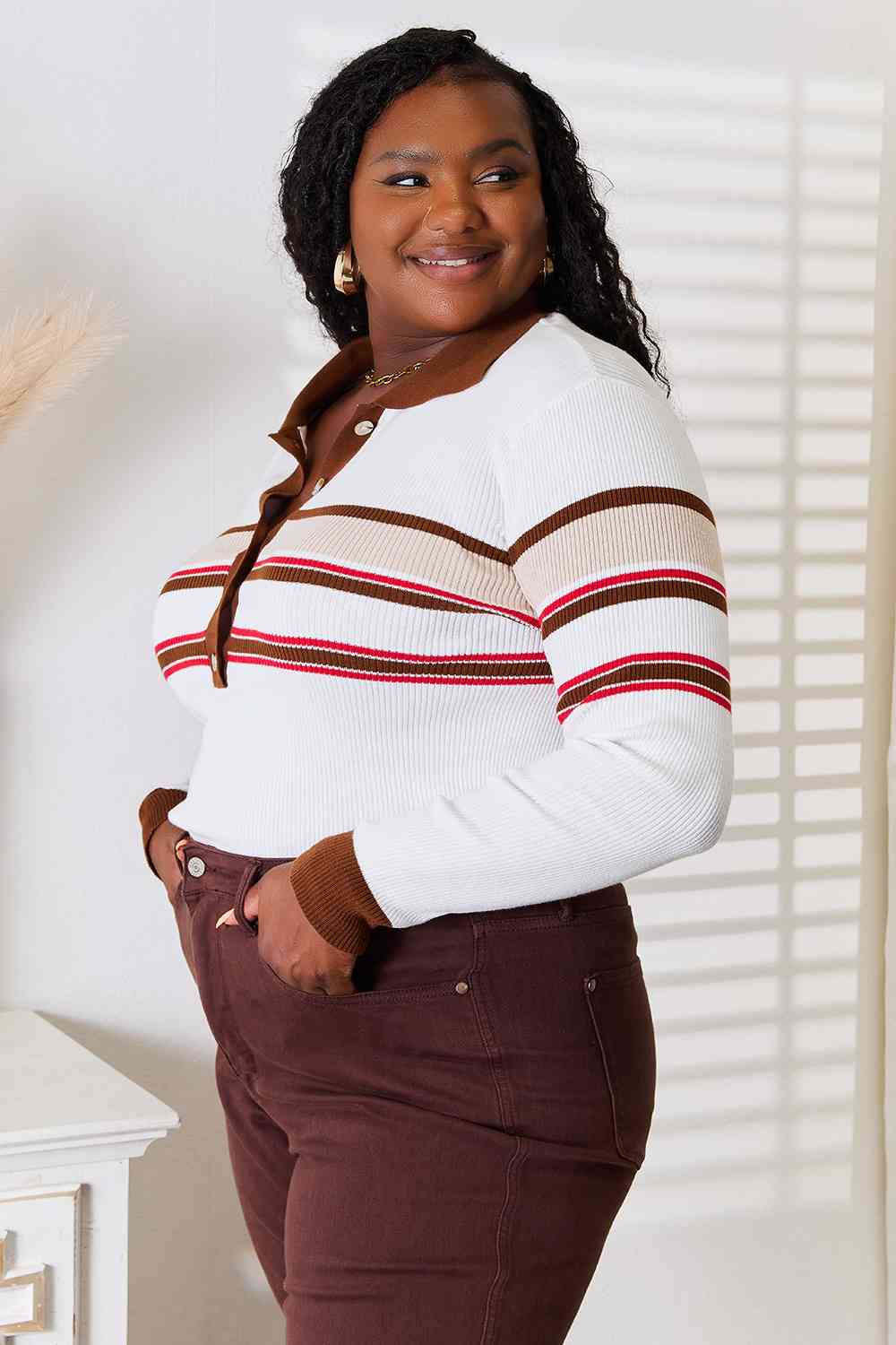 Wrenley Striped Collared Neck Rib-Knit Top