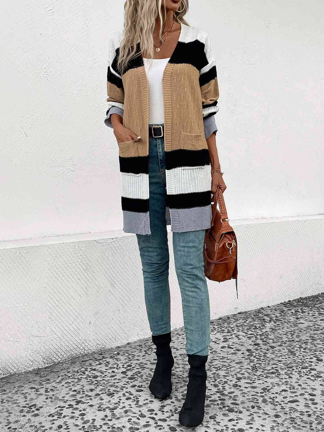 Staying In Color Block Open Front Cardigan