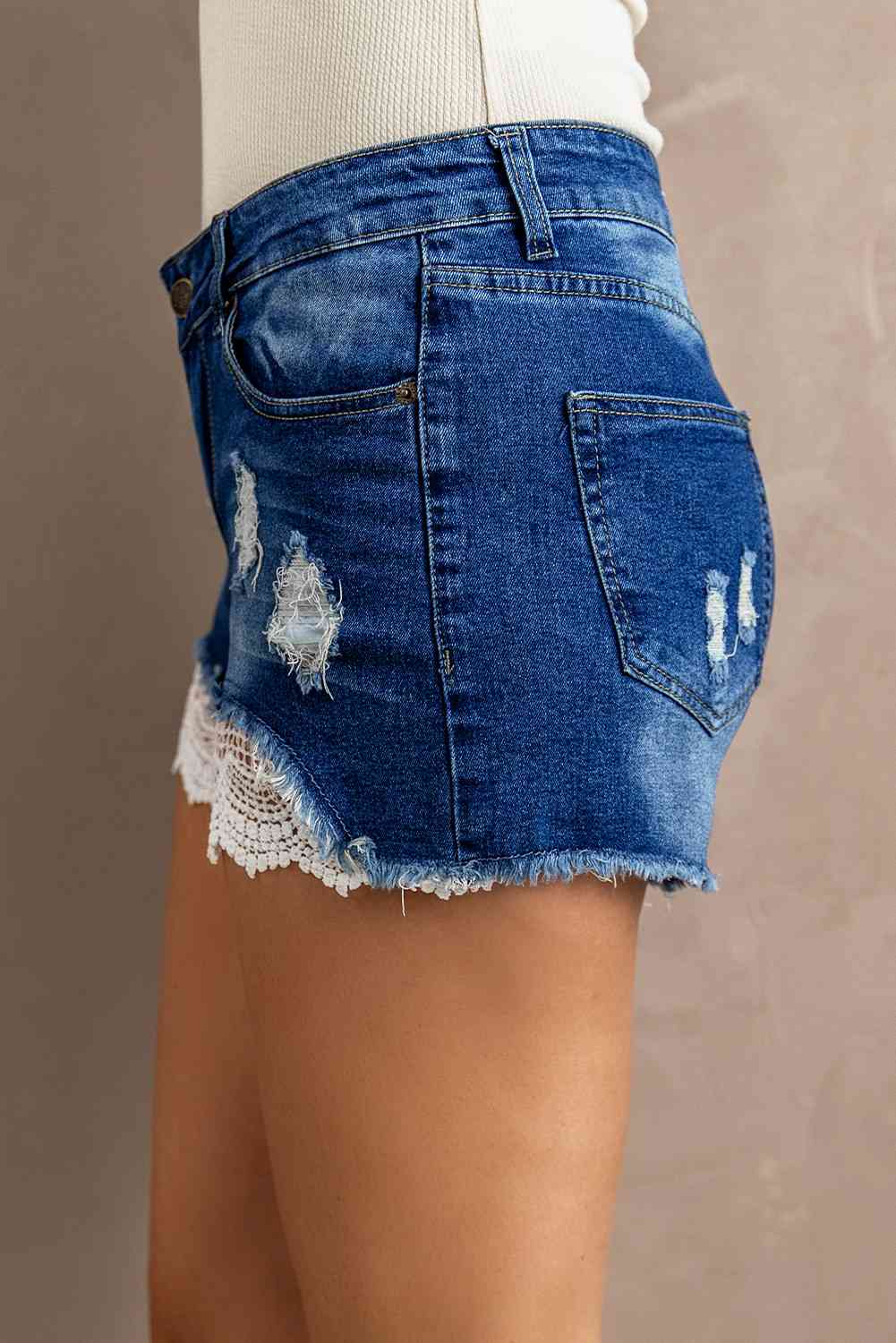 Dorothy Spliced Lace Distressed Denim Shorts