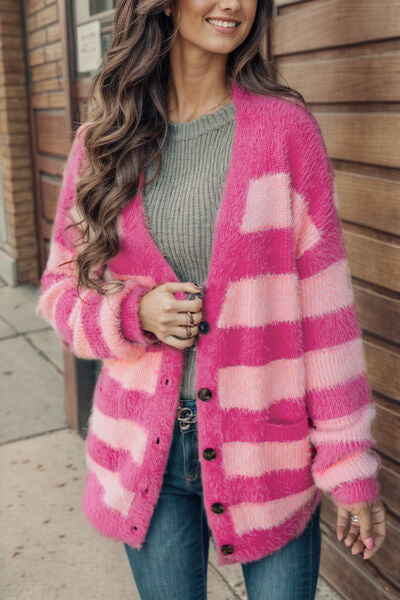 Melanie Striped Button Up Fuzzy Cardigan