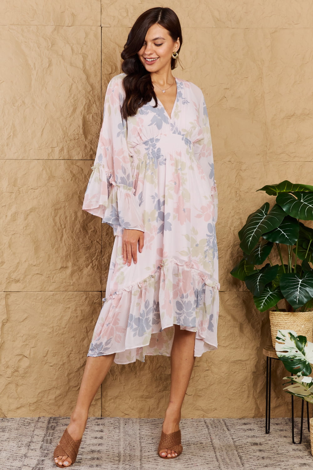 The Right Time Floral Bell Sleeve Midi Dress