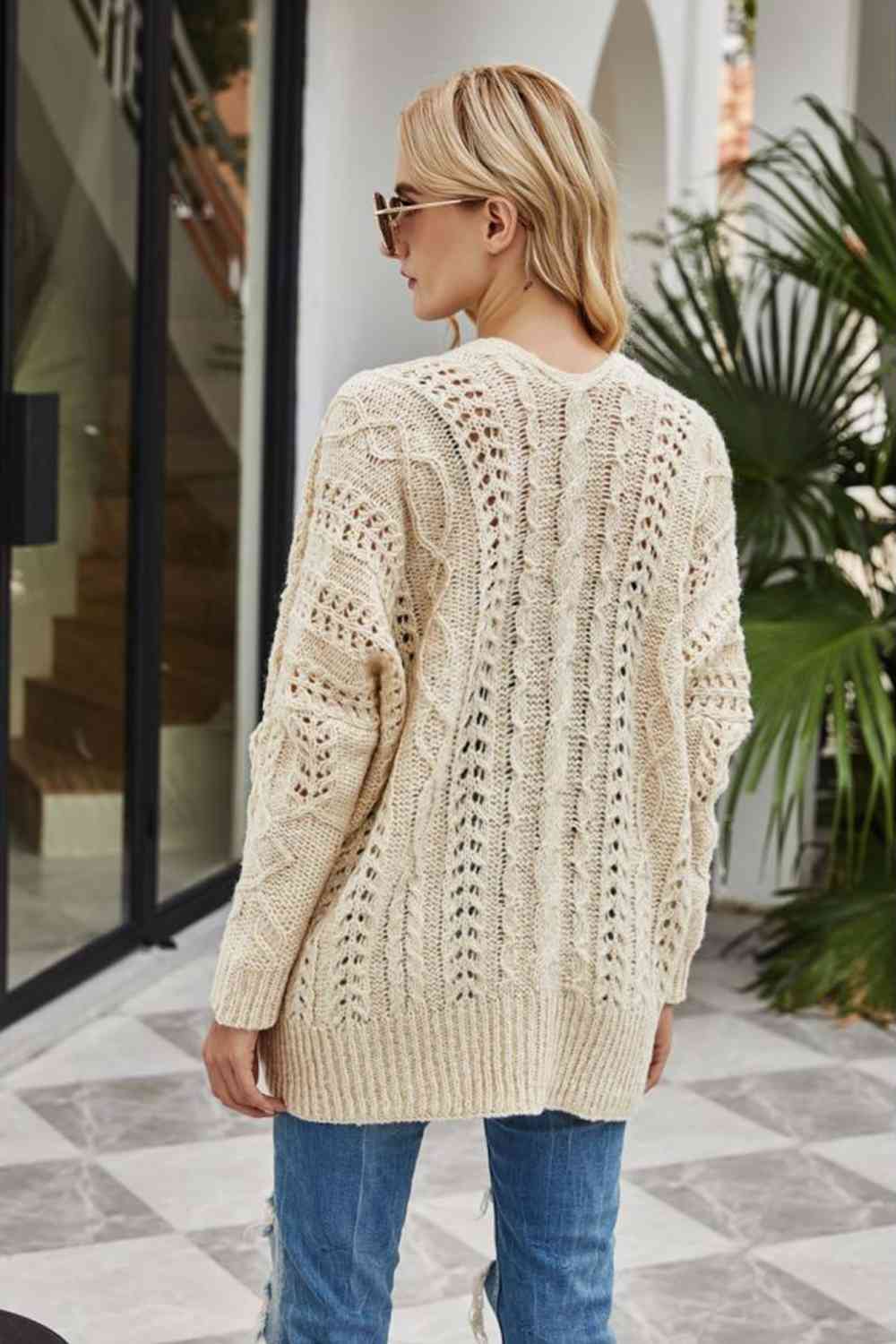 Mya Ribbed Trim Openwork Open Front Cardigan