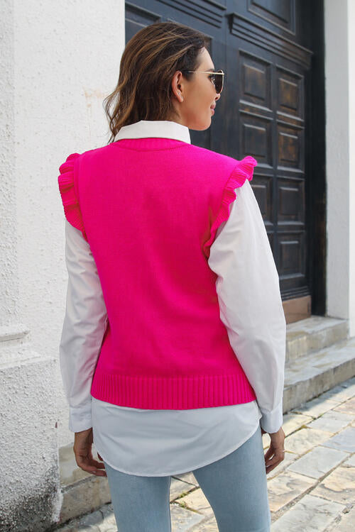 Angela Round Neck Ruffled Sweater Vest