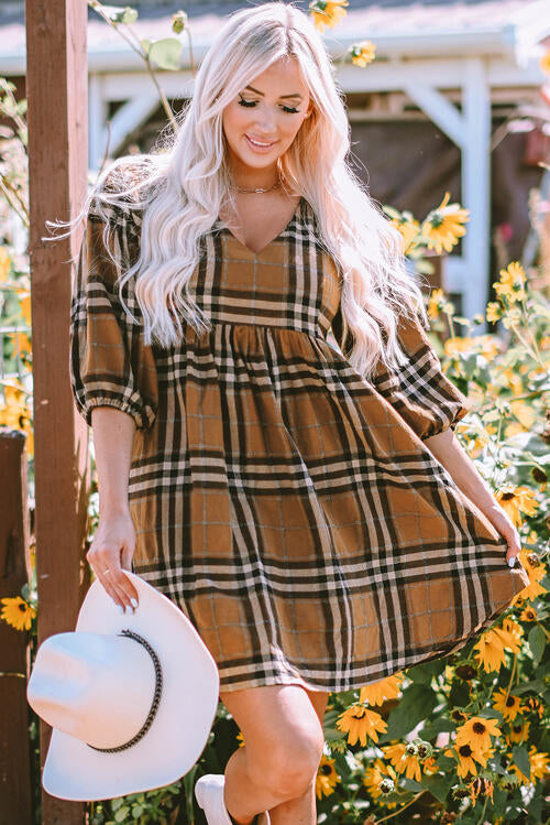 Mary Plaid V-Neck Balloon Sleeve Dress