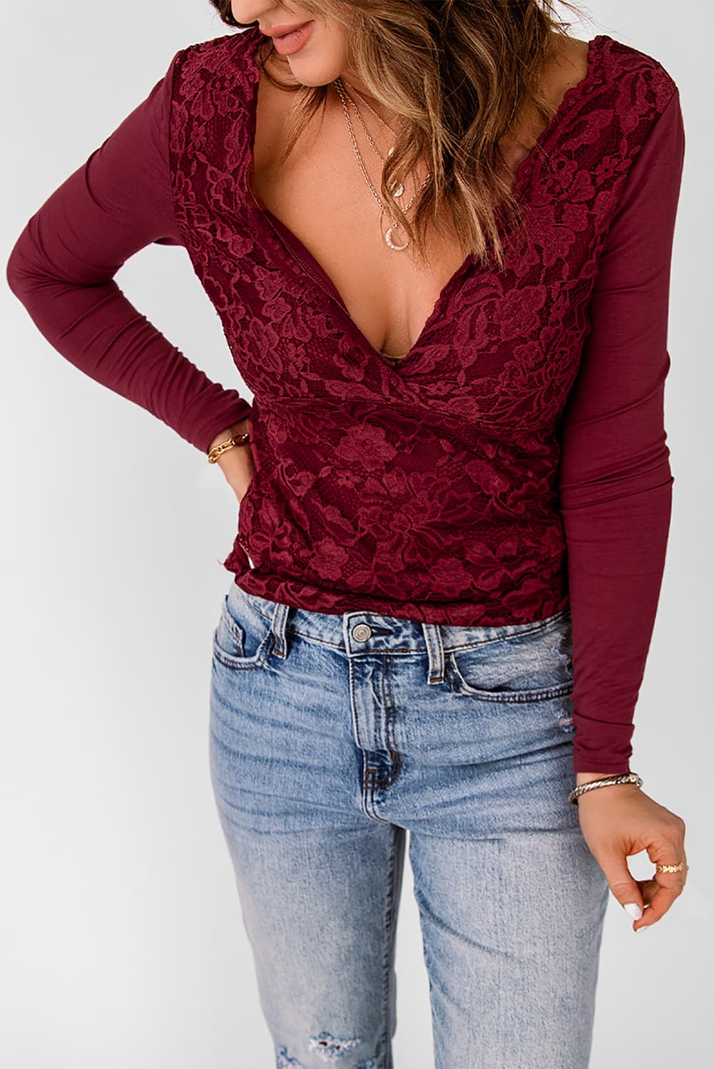 Bordeaux Lace Plunge Blouse