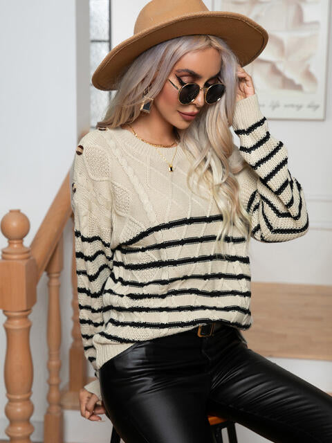 Samantha Striped Round Neck Cable-Knit Sweater