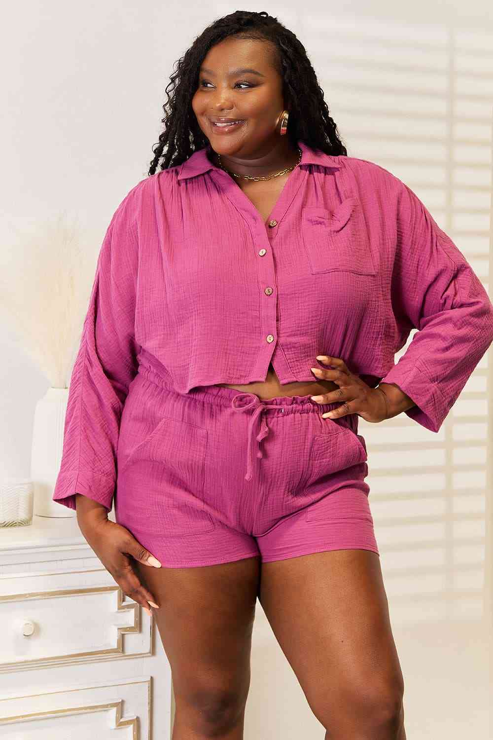 Irene Buttoned Long Sleeve Top and Shorts Set