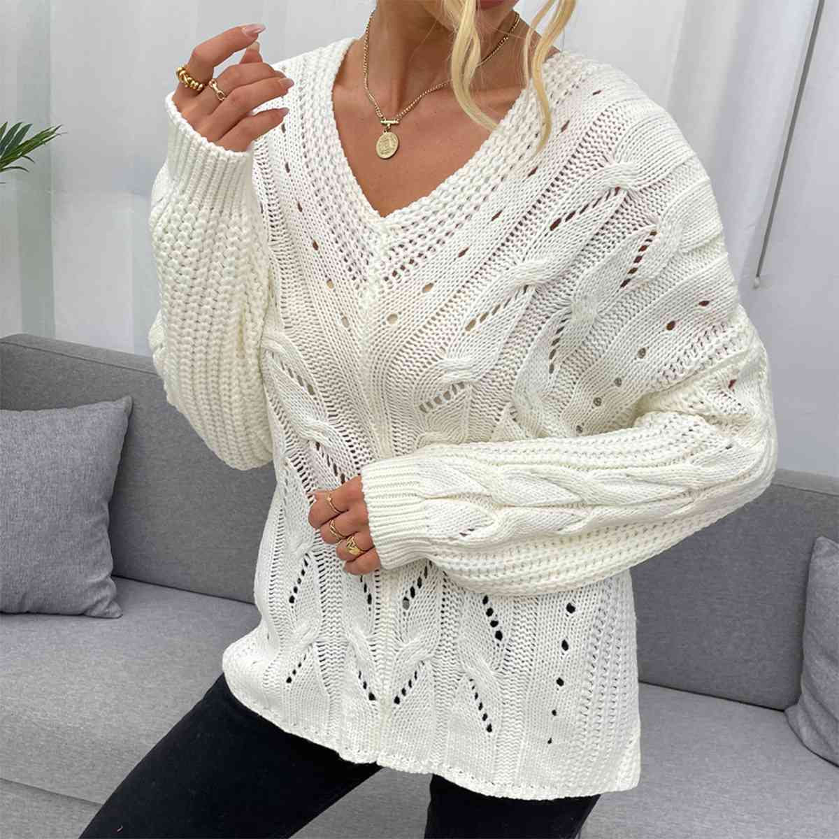 Laila Openwork V-Neck Long Sleeve Sweater