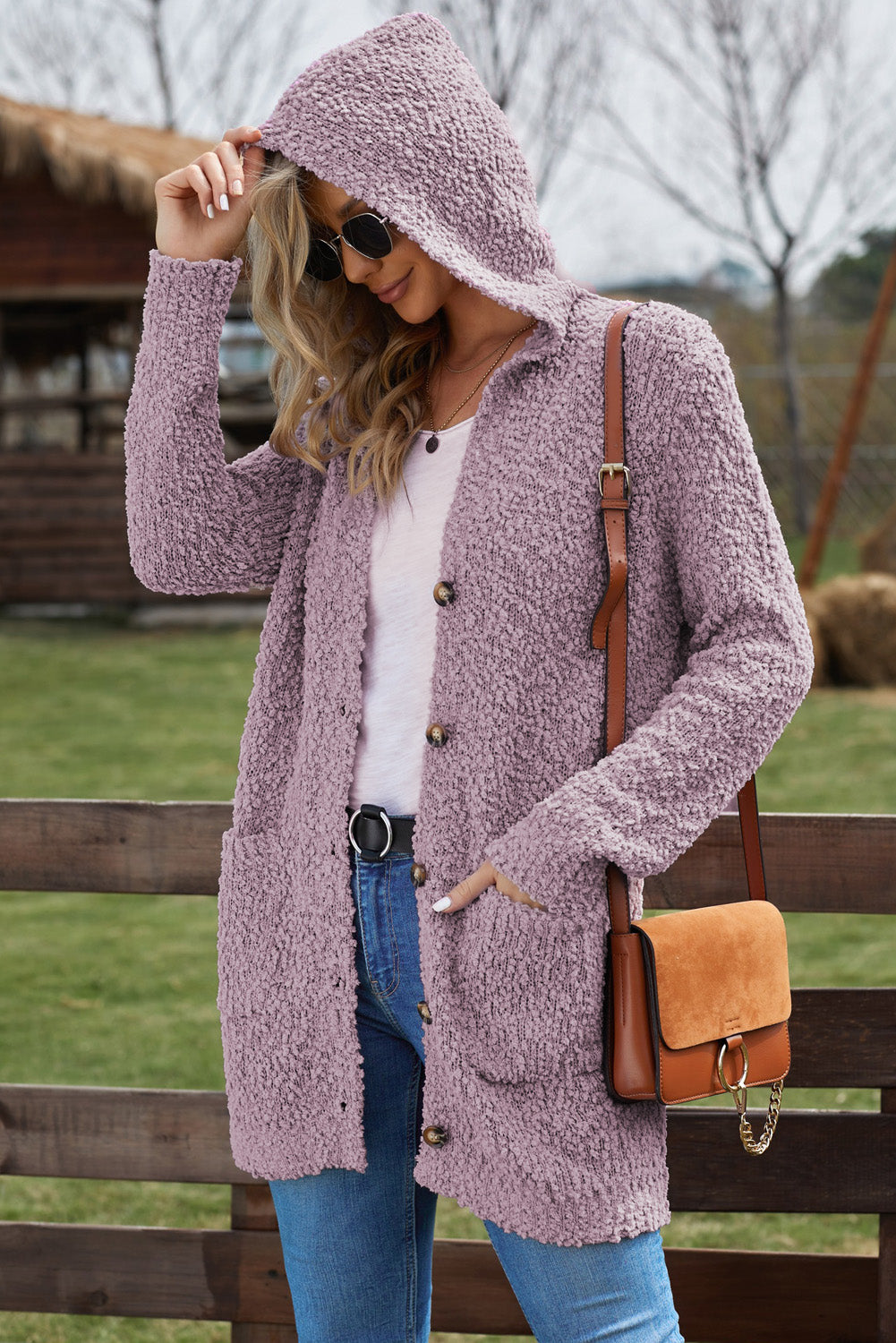 Marsa Popcorn-Knit Hooded Cardigan