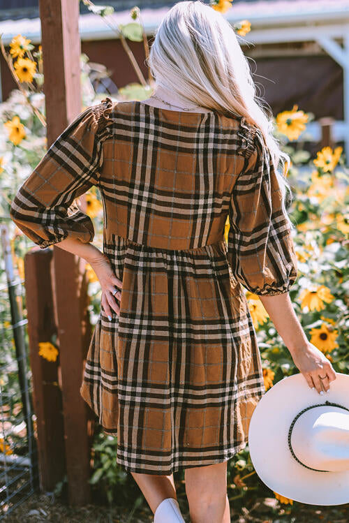 Mary Plaid V-Neck Balloon Sleeve Dress
