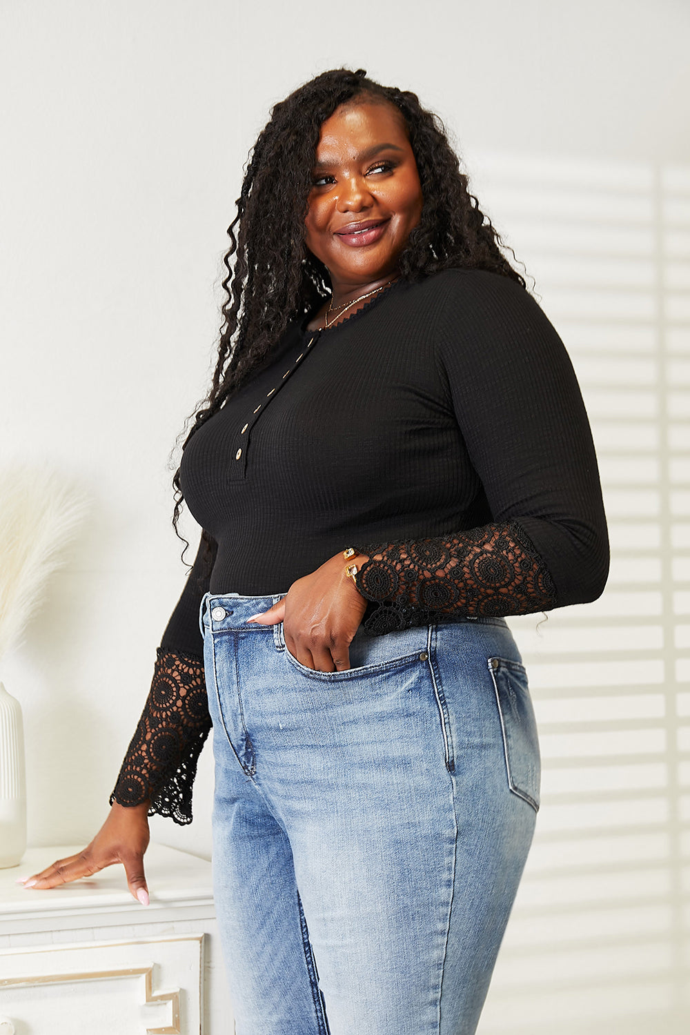 Bethany Lace Hem Sleeve Button Top