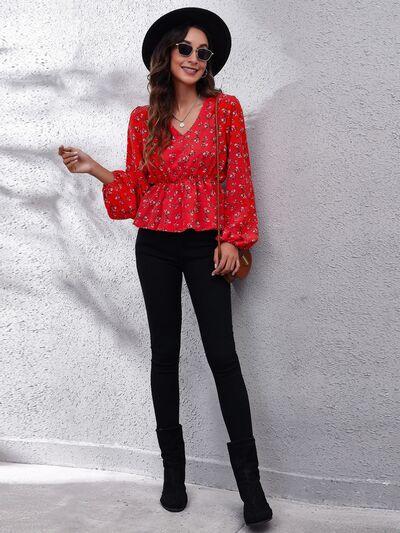 Lovely Floral Balloon Sleeve Peplum Blouse