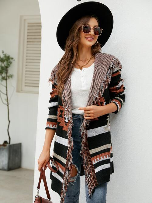 Maeve Fringe Geometric Hooded Long Sleeve Cardigan