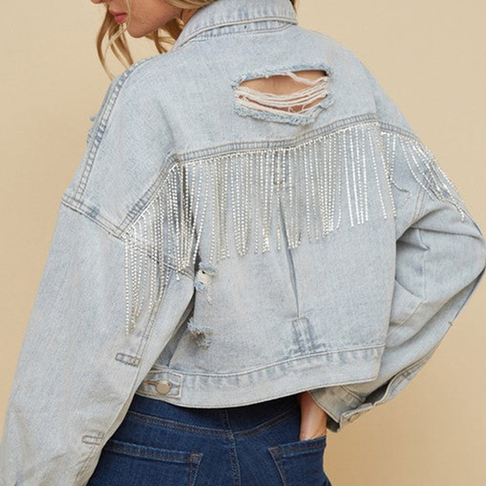Howdy Y'All Distressed Fringe Denim Jacket