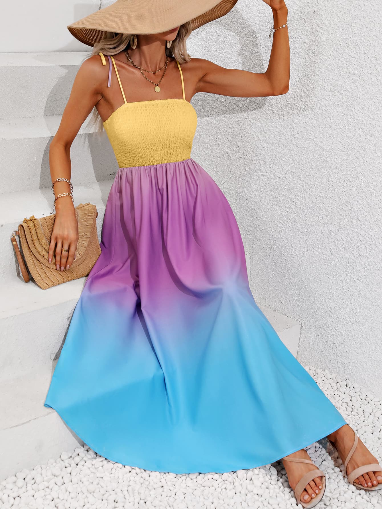 Treasure Color Block Tie Shoulder Smocked Maxi Dress