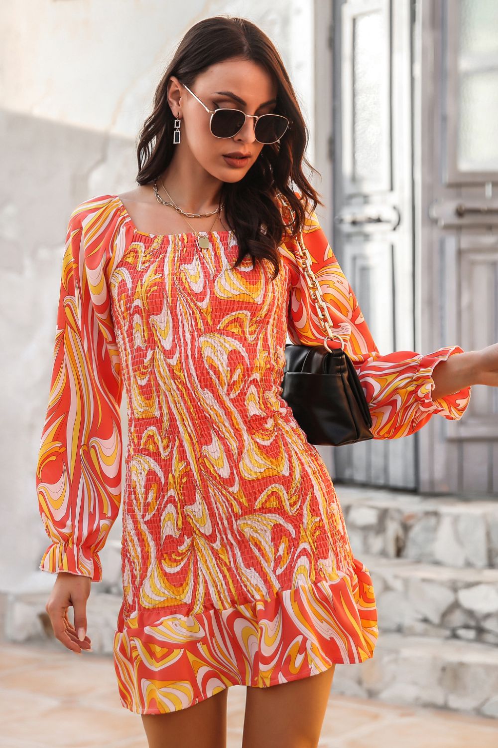 Abstract Smocked Mini Dress