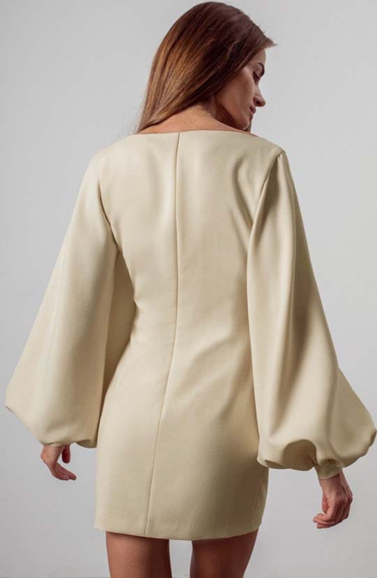 Paris Is Calling Beige Lantern Sleeve Mini Dress