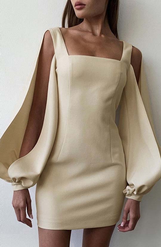 Paris Is Calling Beige Lantern Sleeve Mini Dress