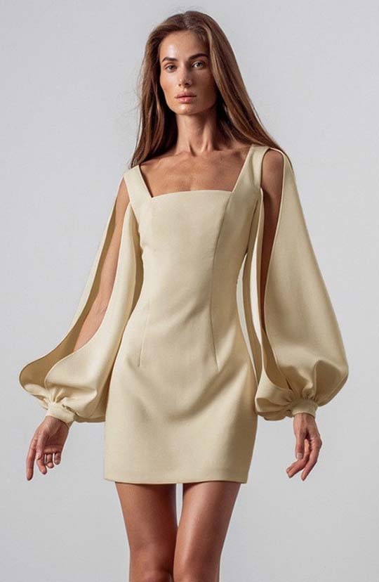 Paris Is Calling Beige Lantern Sleeve Mini Dress