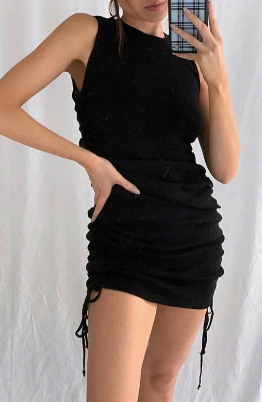 Veronica Black Sleeveless Drawstring Dress