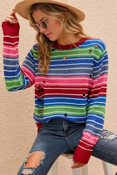 Brightly Striped Distressed Cutout Sweater