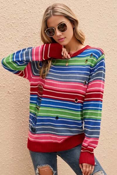 Brightly Striped Distressed Cutout Sweater
