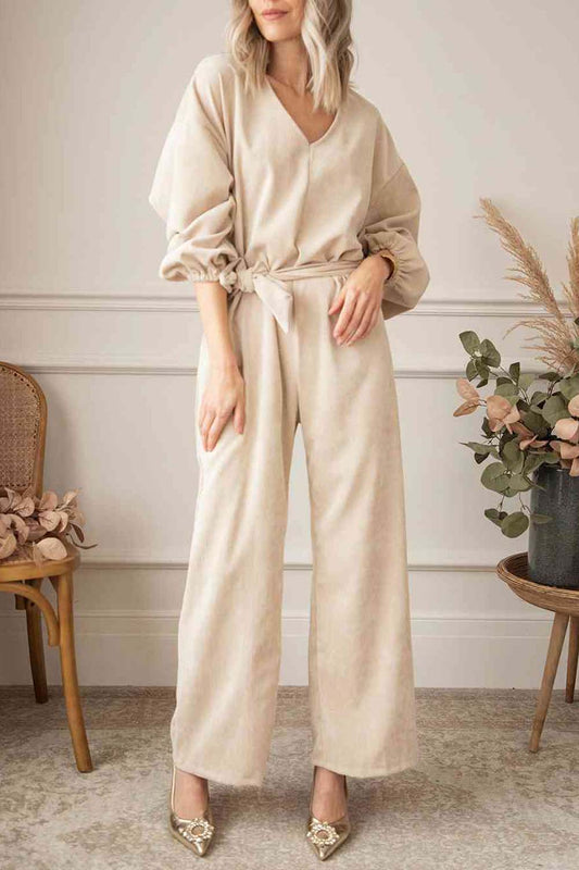 Melinda V-Neck Tie Waist Wide Leg Jumpsuit