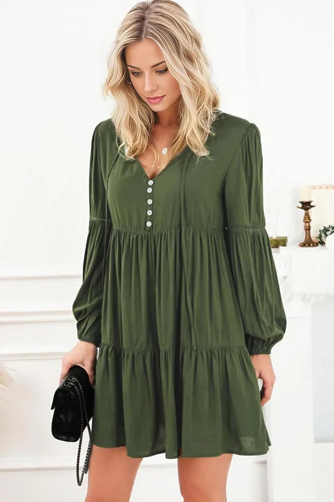 Elaina Tie Neck Long Sleeve Tiered Dress