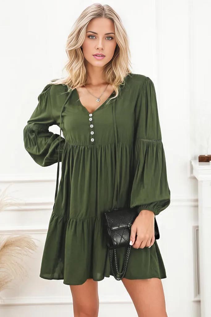 Elaina Tie Neck Long Sleeve Tiered Dress