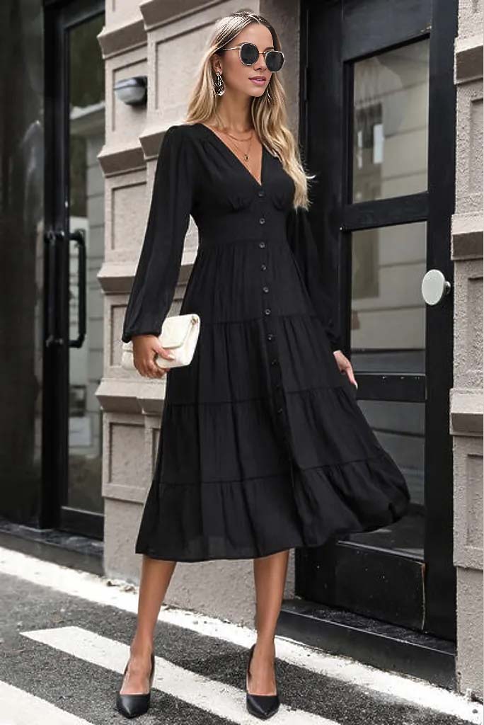 Giselle Tiered Ruched Button Up Midi Dress