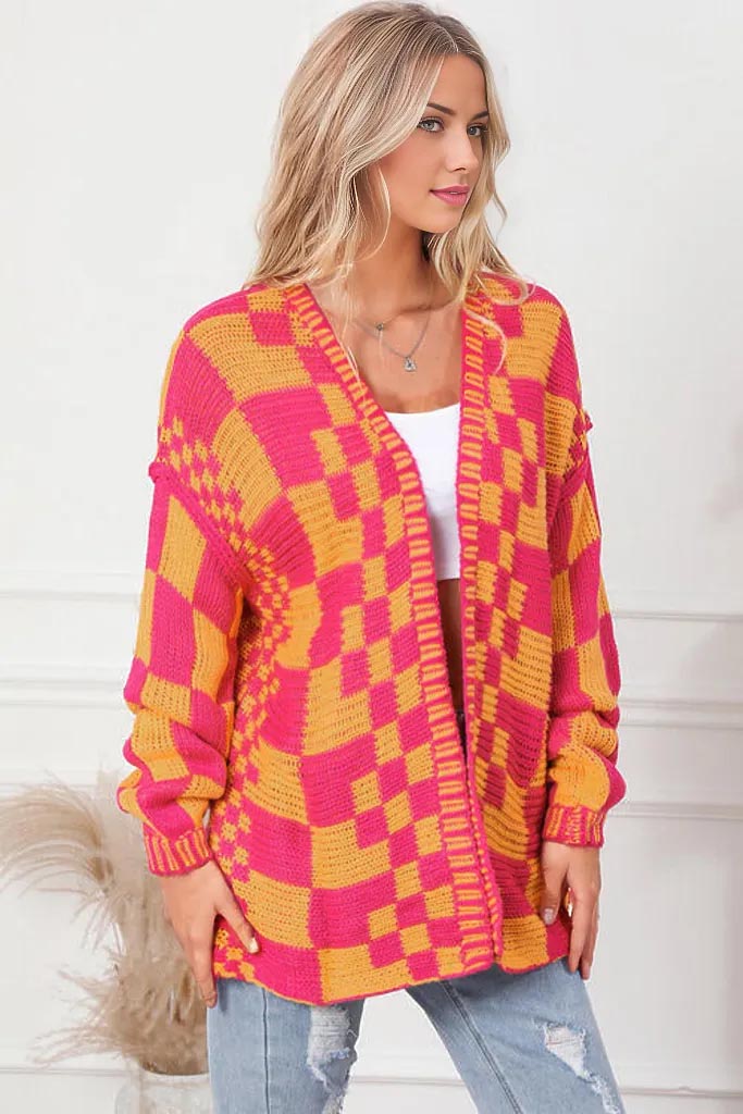 Jordyn Checkered Exposed Seam Open Front Cardigan