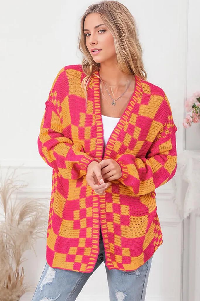 Jordyn Checkered Exposed Seam Open Front Cardigan