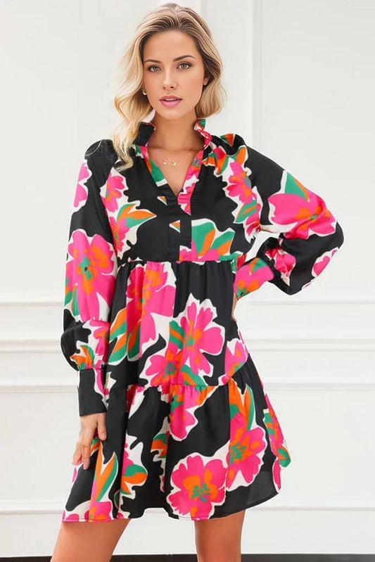 Juliet Floral Notched Ruffle Hem Dress