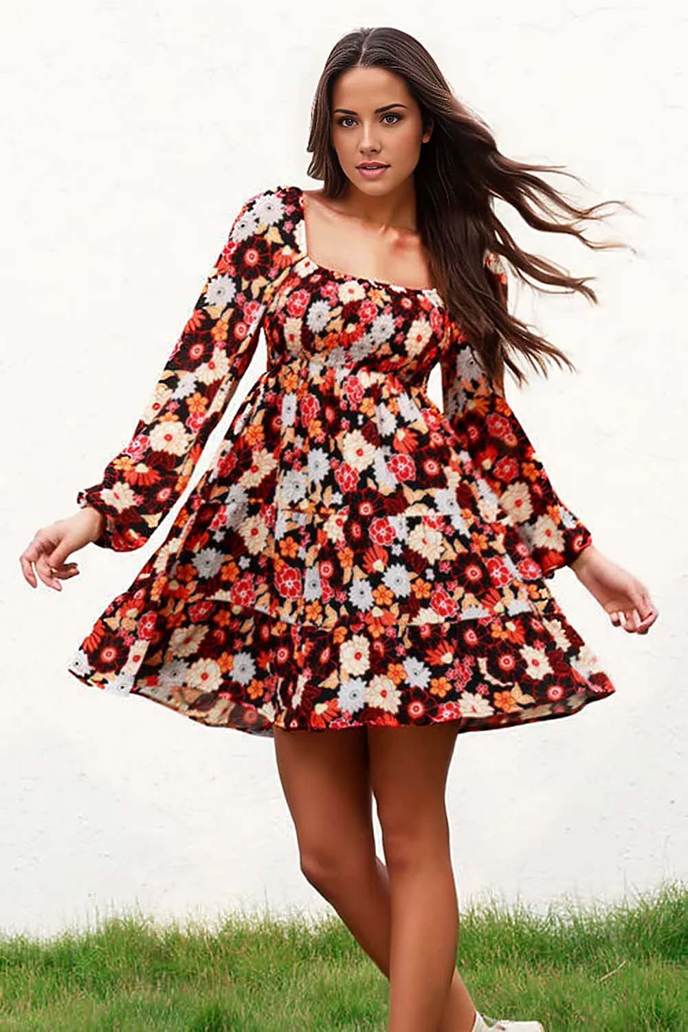 Luna Floral Smocked Balloon Sleeve Tiered Dress