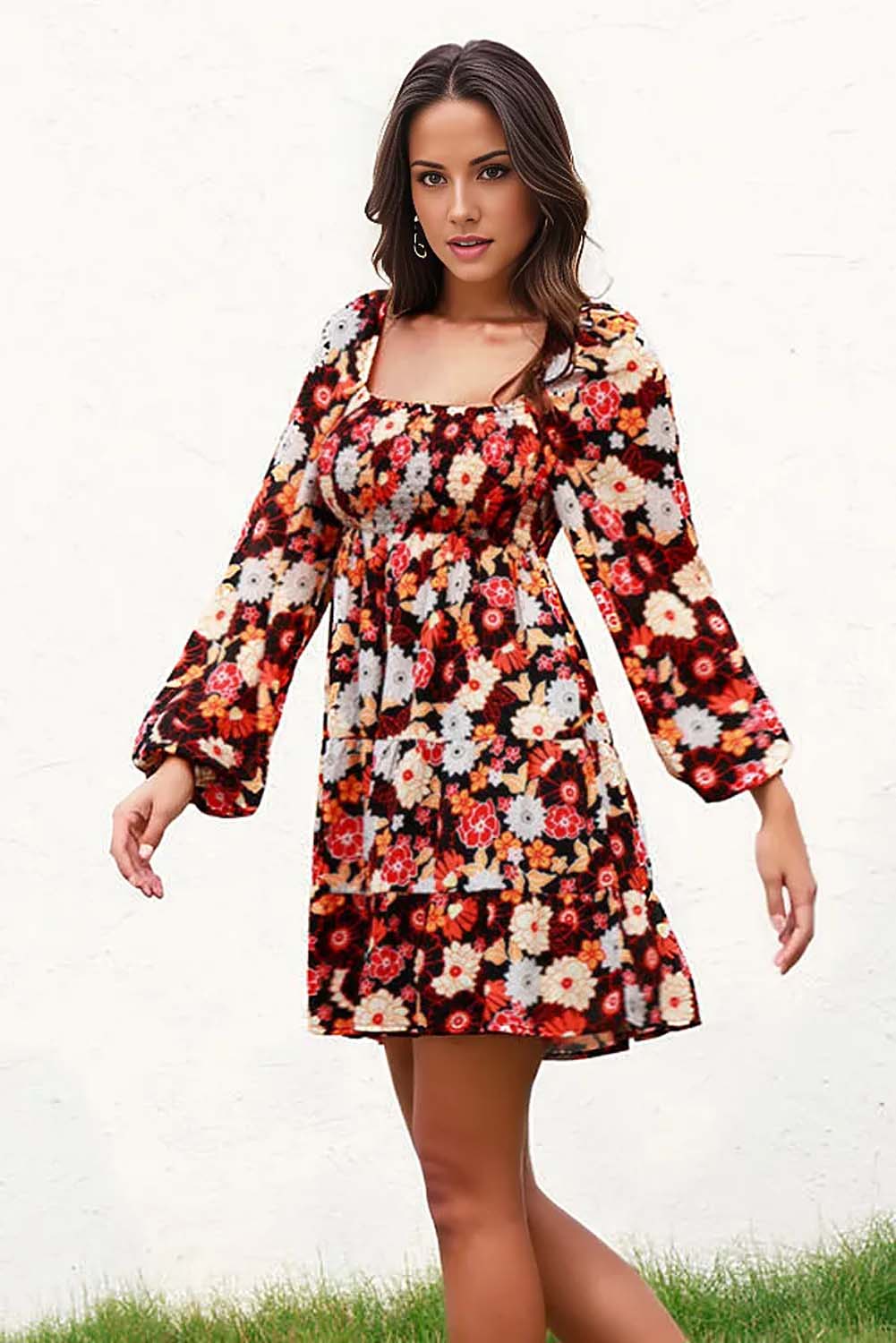 Luna Floral Smocked Balloon Sleeve Tiered Dress