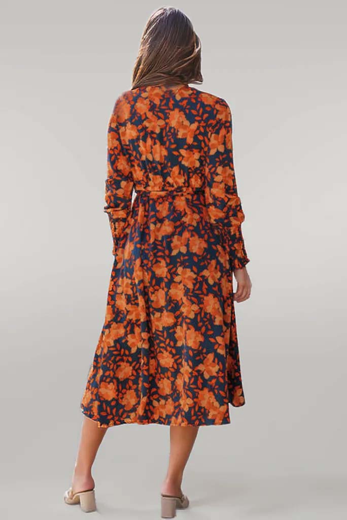 Pumpkin Spice Tie Front Smocked Midi Dress