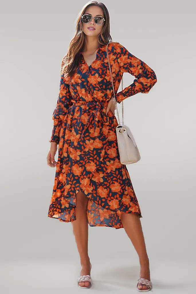 Pumpkin Spice Tie Front Smocked Midi Dress