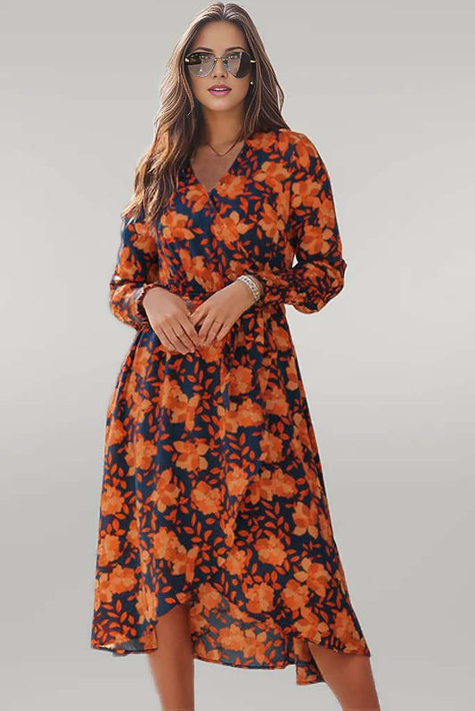 Pumpkin Spice Tie Front Smocked Midi Dress