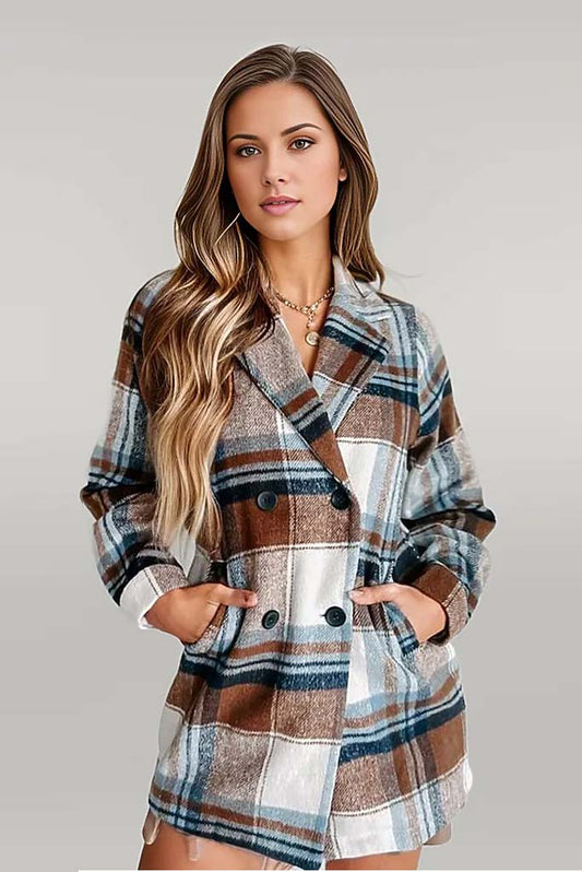 Taylor Plaid Double-Breasted Long Sleeve Coat