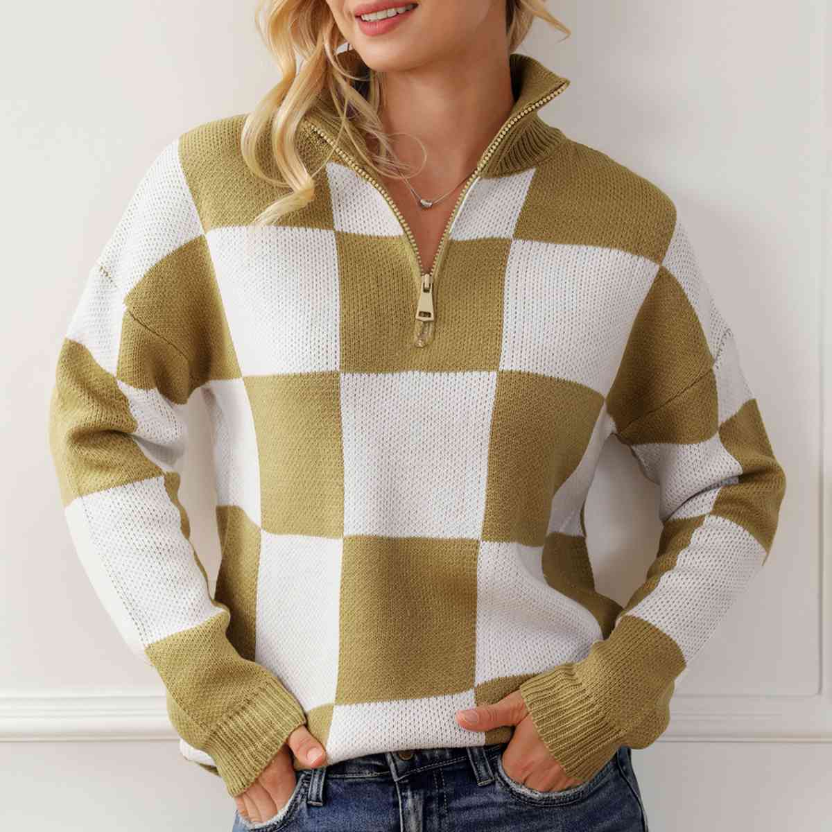 Time To Play Checkered Half Zip Pullover
