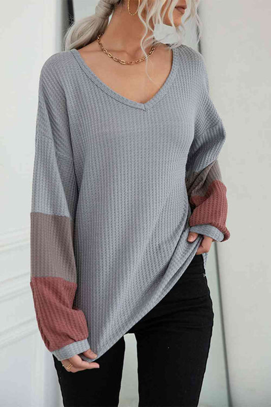 Elisabeth Color Block Sleeve Waffle Knit Top