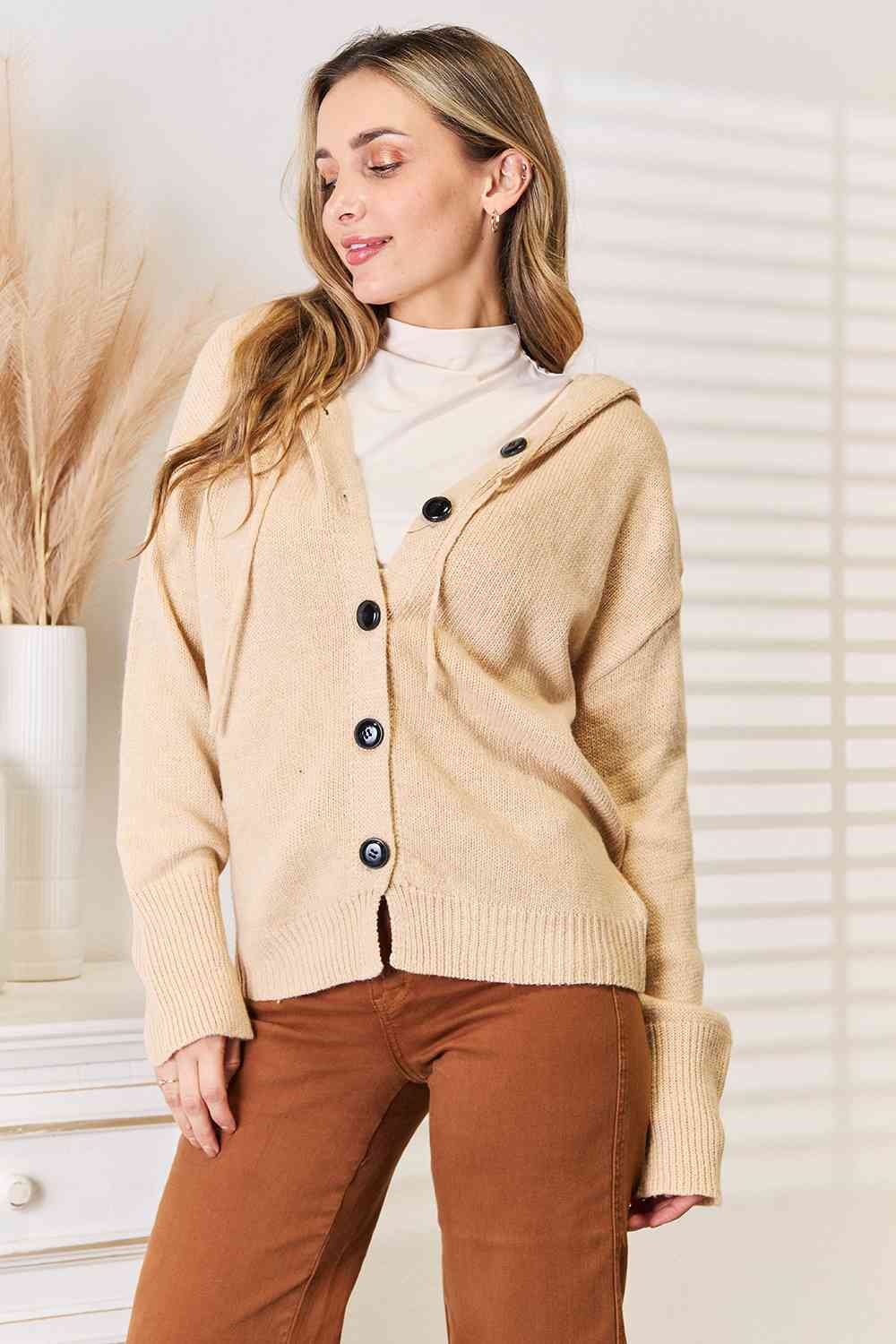 Gloria Button-Down Long Sleeve Hooded Cardigan