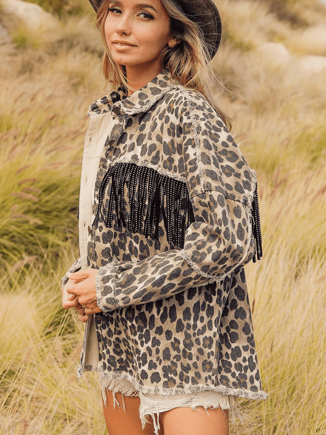 Wild One Leopard Fringe Detail Denim Jacket