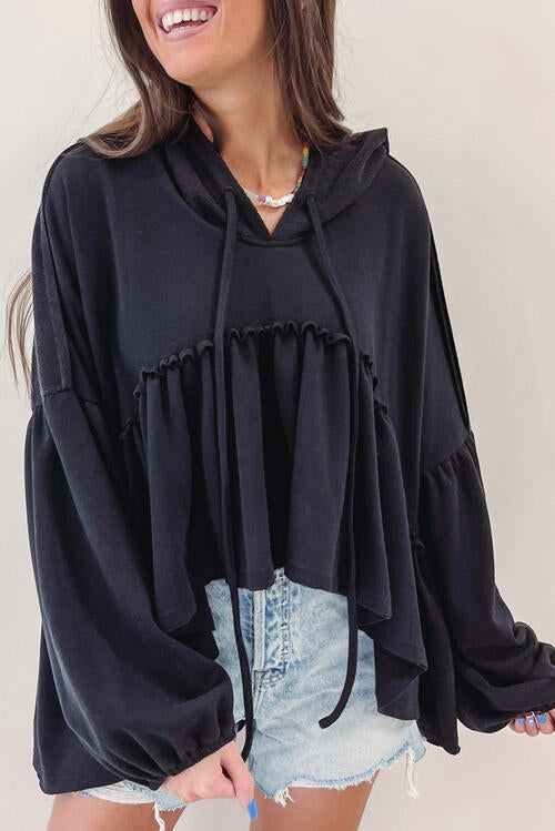 Gwen Drawstring High-Low Balloon Sleeve Hoodie